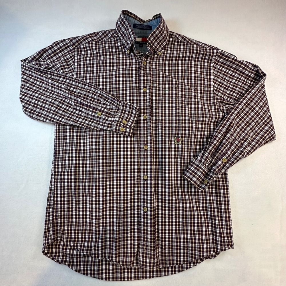 Tommy Hilfiger Mens Small Plaid Button Down Shirt Burgundy White Long Sleeve